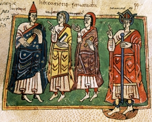 Rei Teodomiro cos bispos Lucrecio, Andrés y Martin Dumio